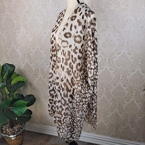 Chico's One Size Cream and Brown Animal Print Open Front Kimono/Duster Sheer - Picture 4 of 11
